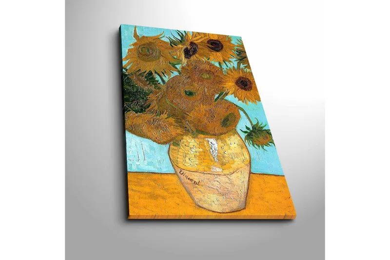 Canvas-taulu 45x70 cm - Aurinkoisia auringonkukkia maljakossa vaalealla taustalla - Keltainen / Vihreä / Ruskea - Sisustustuotteet - Taulu & taide - Canvas-taulu