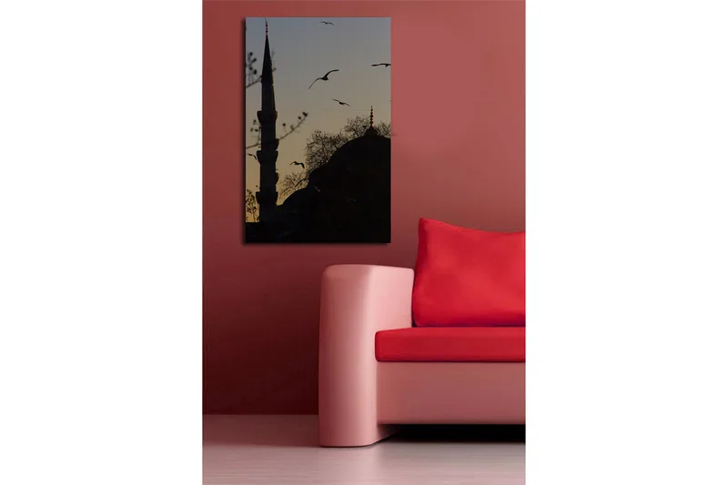 Canvas-taulu 45x70 cm - Moskeijan siluetti lennossa olevien lintujen kanssa hämärää vasten - Musta / Tummansininen / Kulta - Sisustustuotteet - Taulu & taide - Canvas-taulu