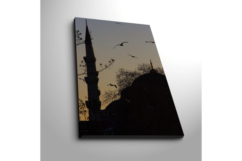 Canvas-taulu 45x70 cm - Moskeijan siluetti lennossa olevien lintujen kanssa hämärää vasten - Musta / Tummansininen / Kulta - Sisustustuotteet - Taulu & taide - Canvas-taulu