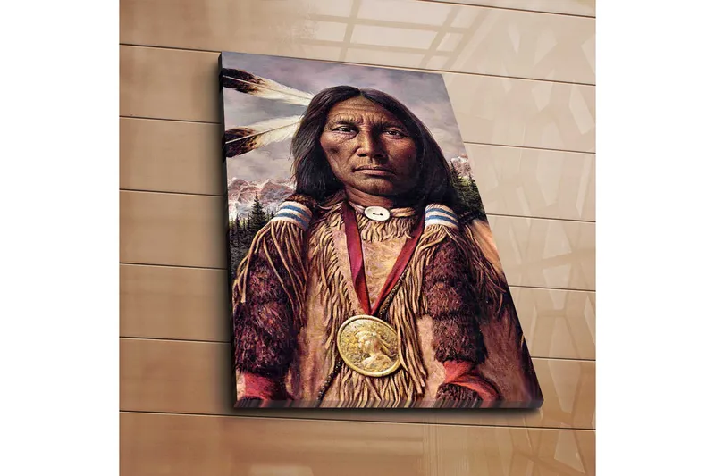 Canvas-taulu 45x70 cm - Muotokuva alkuperäiskansoista perinteisissä vaatteissa ja koruissa, Ruskea / Beige / Musta