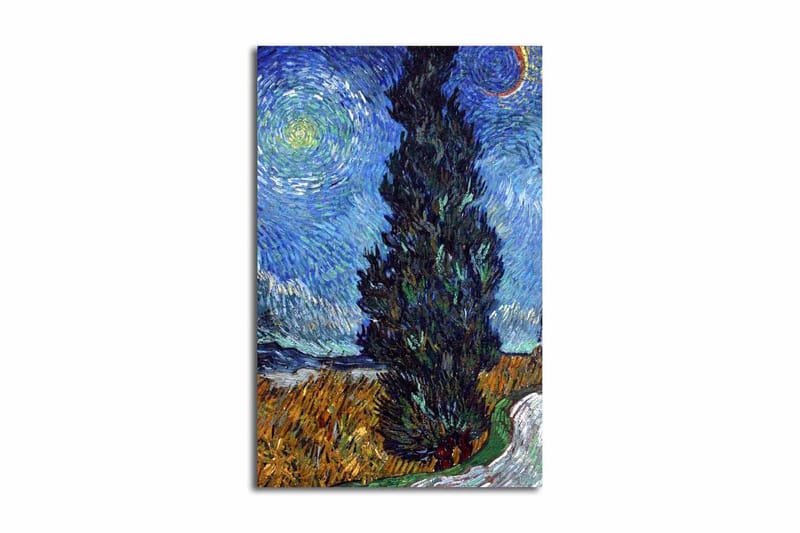 Canvas-taulu 45x70 cm - Tumma sypressi tähtitaivasta vasten, Sininen / Vihreä / Keltainen