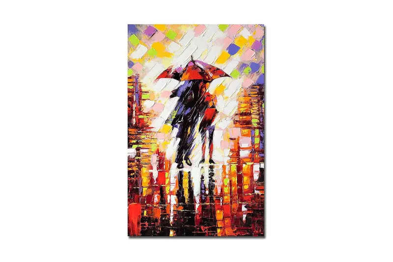 Canvas-taulu 45x70 cm - Pariskunta sateenvarjojen kanssa sateisessa kaupunkiympäristössä, Punainen / Musta / Oranssi