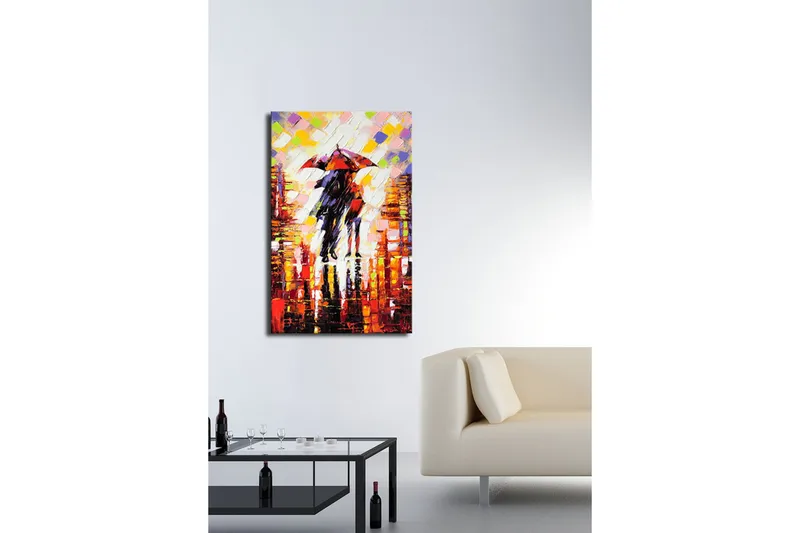 Canvas-taulu 45x70 cm - Pariskunta sateenvarjojen kanssa sateisessa kaupunkiympäristössä - Punainen / Musta / Oranssi - Sisustustuotteet - Taulu & taide - Canvas-taulu