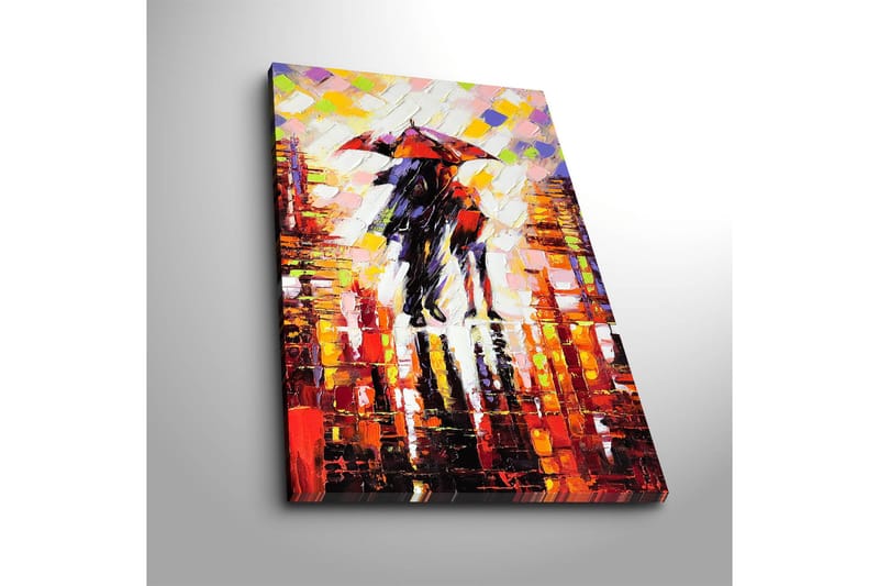 Canvas-taulu 45x70 cm - Pariskunta sateenvarjojen kanssa sateisessa kaupunkiympäristössä - Punainen / Musta / Oranssi - Sisustustuotteet - Taulu & taide - Canvas-taulu