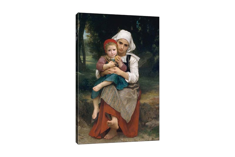 Canvas taulu 70x100 cm - Äiti pitää lastaan sylissään, tuntien hellyyttä ja läheisyyttä, Punainen / Vihreä / Valkoinen