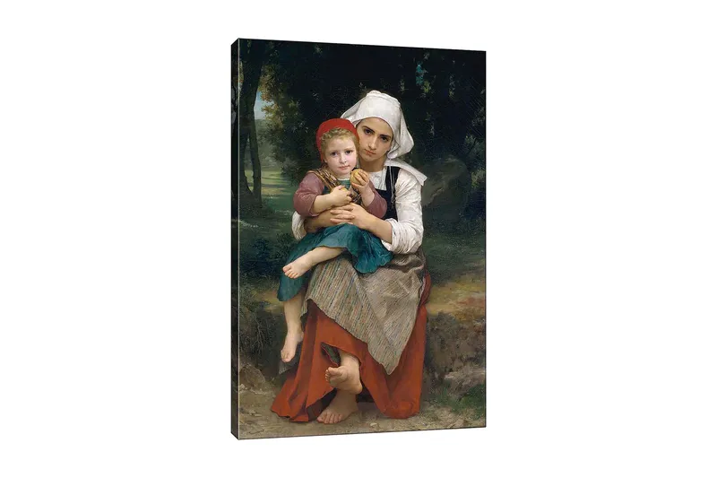 Canvas taulu 70x100 cm - Äiti pitää lastaan sylissään, tuntien hellyyttä ja läheisyyttä, Punainen / Vihreä / Valkoinen