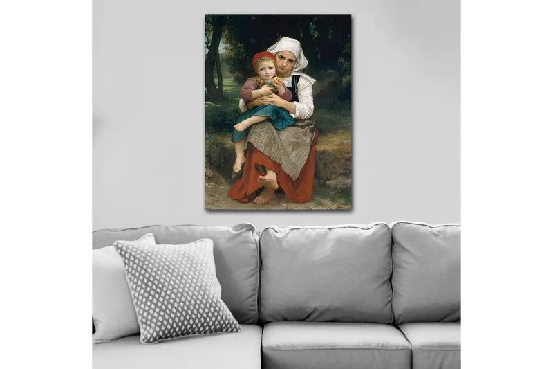 Canvas taulu 70x100 cm - Äiti pitää lastaan sylissään, tuntien hellyyttä ja läheisyyttä - Punainen / Vihreä / Valkoinen - Sisustustuotteet - Taulu & taide - Canvas-taulu