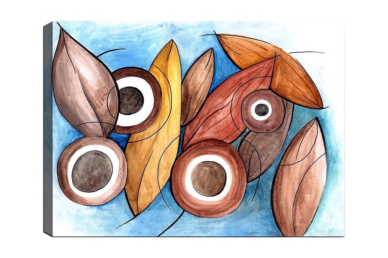 Canvas taulu 70x100 cm - Abstrakteja lehtien ja ympyröiden muotoja harmonisissa väreissä, Ruskea / Beige / Valkoinen