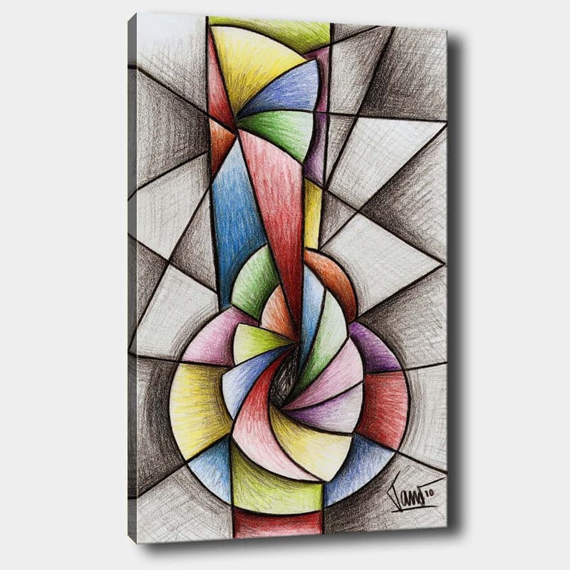 Canvas taulu 70x100 cm - Abstrakti geometrinen sommitelma, jonka aihetta hallitsee spiraalimainen muoto, Vihreä / Sininen / Punainen