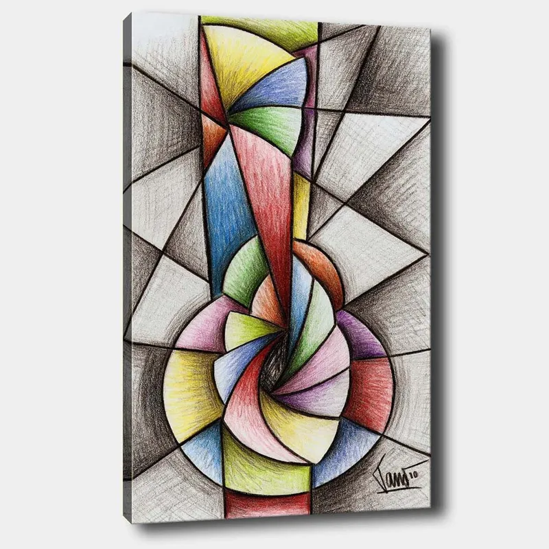 Canvas taulu 70x100 cm - Abstrakti geometrinen sommitelma, jonka aihetta hallitsee spiraalimainen muoto, Vihreä / Sininen / Punainen