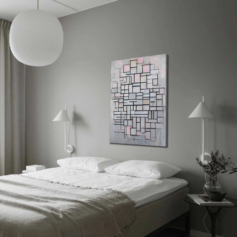 Canvas taulu 70x100 cm - Abstrakti geometristen muotojen sommittelu pehmeissä sävyissä, Vaaleanharmaa / Vaaleanpunainen / Musta