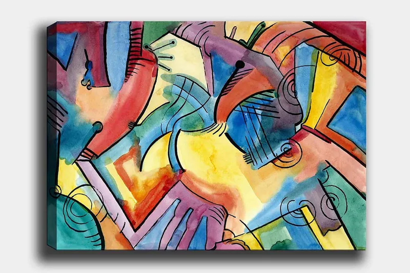 Canvas taulu 70x100 cm - Abstrakti käsien ja muotojen sommitelma, joka symboloi yhteenkuuluvuutta ja liikettä, Punainen / Sininen / Keltainen