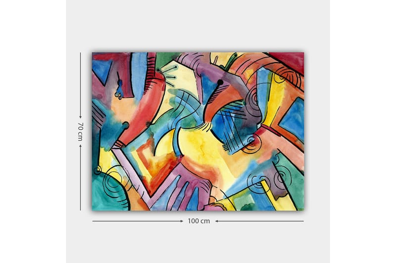 Canvas taulu 70x100 cm - Abstrakti käsien ja muotojen sommitelma, joka symboloi yhteenkuuluvuutta ja liikettä - Punainen / Sininen / Keltainen - Sisustustuotteet - Taulu & taide - Canvas-taulu