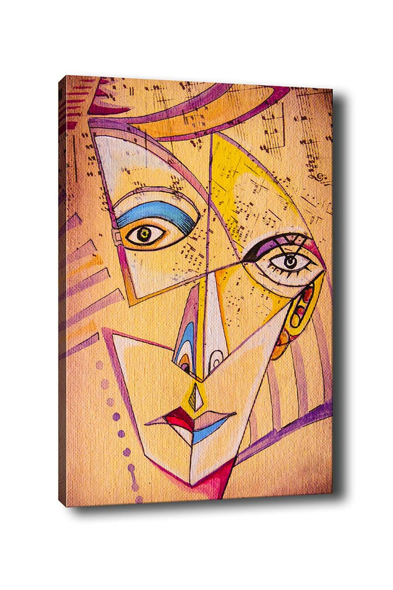 Canvas taulu 70x100 cm - Abstrakti kasvot geometrisilla muodoilla ja vahvoilla väreillä - Keltainen / Sininen / Vaaleanpunainen - Sisustustuotteet - Taulu & taide - Canvas-taulu