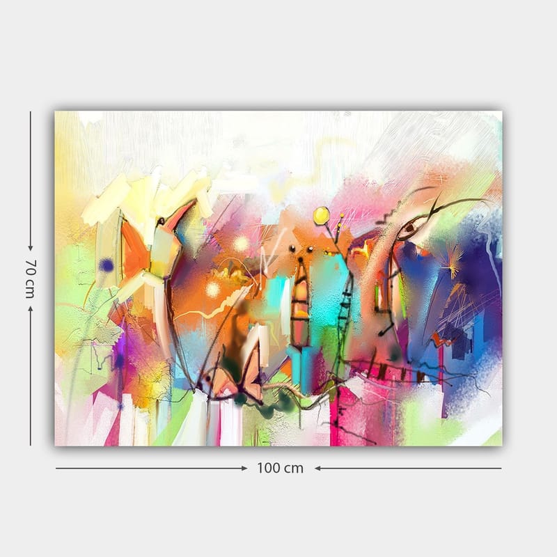 Canvas taulu 70x100 cm - Abstrakti kaupunkiaihe värikkäillä rakennuksilla ja dynaamisilla muodoilla - Sininen / Vaaleanpunainen / Keltainen - Sisustustuotteet - Taulu & taide - Canvas-taulu