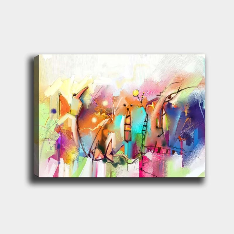 Canvas taulu 70x100 cm - Abstrakti kaupunkiaihe värikkäillä rakennuksilla ja dynaamisilla muodoilla, Sininen / Vaaleanpunainen / Keltainen