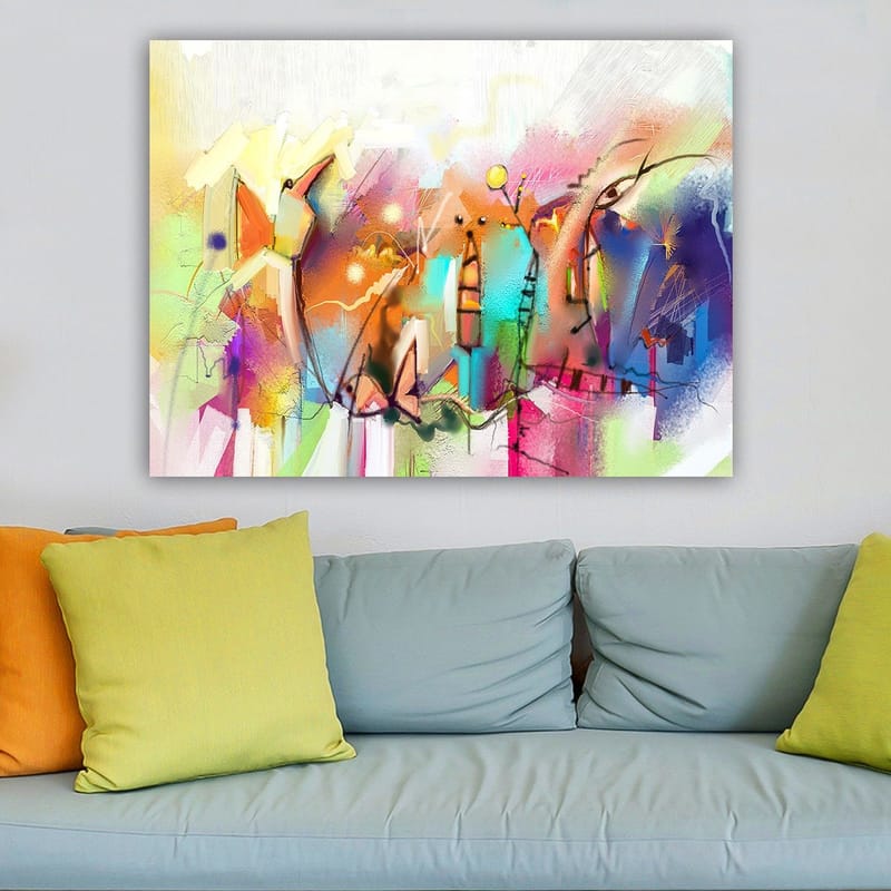 Canvas taulu 70x100 cm - Abstrakti kaupunkiaihe värikkäillä rakennuksilla ja dynaamisilla muodoilla - Sininen / Vaaleanpunainen / Keltainen - Sisustustuotteet - Taulu & taide - Canvas-taulu