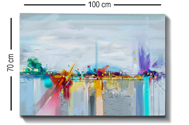Canvas taulu 70x100 cm - Abstrakti kaupunkisiluetti värikkäillä elementeillä ja heijastuksilla - Sininen / Violetti / Oranssi - Sisustustuotteet - Taulu & taide - Canvas-taulu