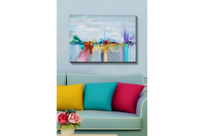 Canvas taulu 70x100 cm - Abstrakti kaupunkisiluetti värikkäillä elementeillä ja heijastuksilla, Sininen / Violetti / Oranssi