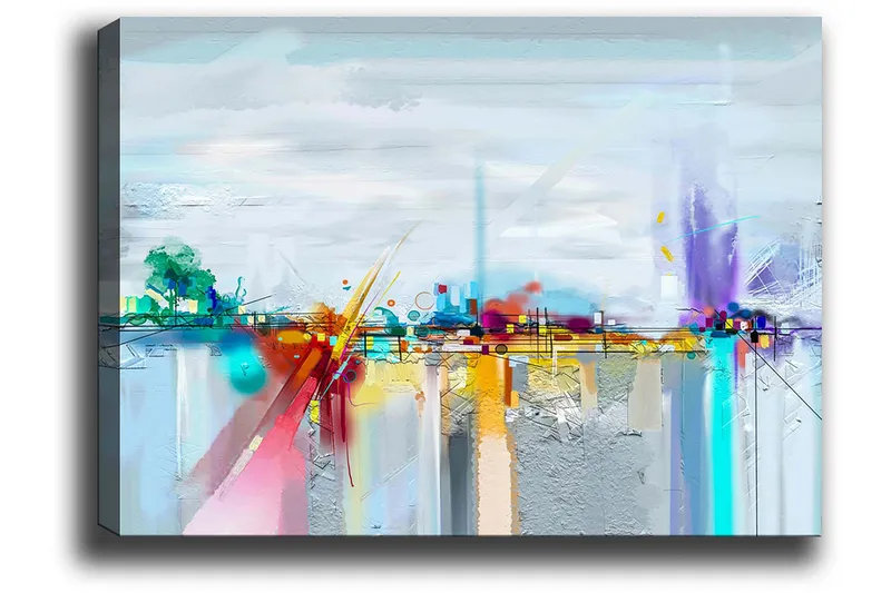 Canvas taulu 70x100 cm - Abstrakti kaupunkisiluetti värikkäillä elementeillä ja heijastuksilla - Sininen / Violetti / Oranssi - Sisustustuotteet - Taulu & taide - Canvas-taulu