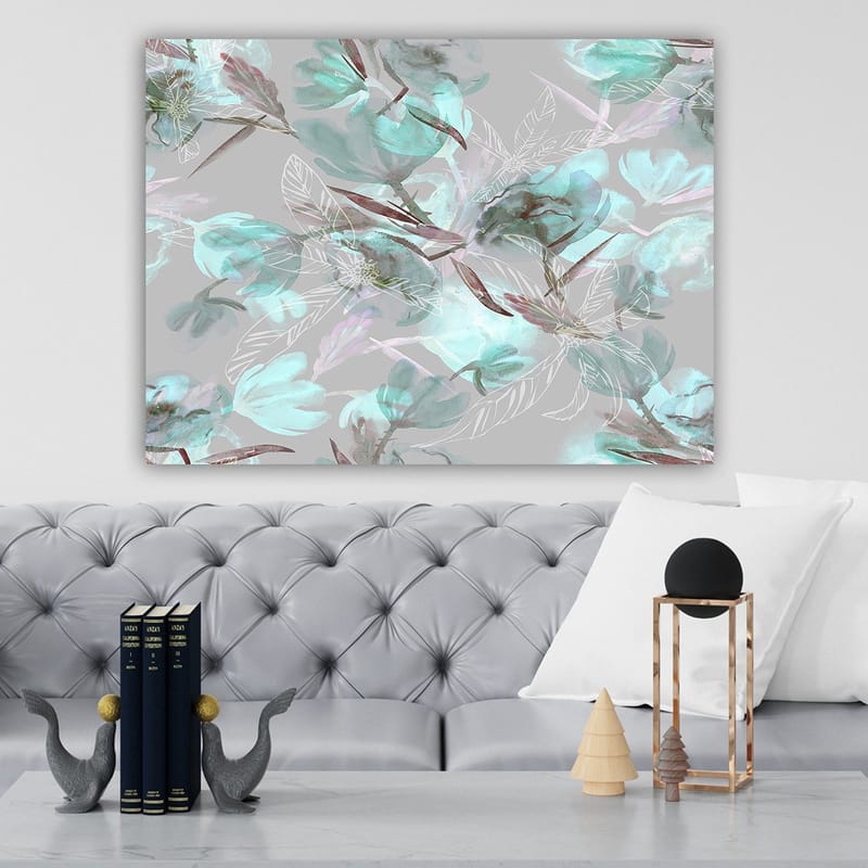 Canvas taulu 70x100 cm - Abstrakti kukka-aihe pehmeissä pastelliväreissä - Aqua / Harmaa / Ruskea - Sisustustuotteet - Taulu & taide - Canvas-taulu