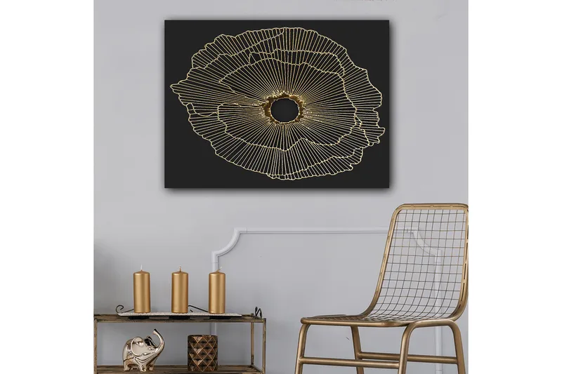 Canvas taulu 70x100 cm - Abstrakti kukka kultaisilla viivoilla mustalla taustalla, Kulta / Musta