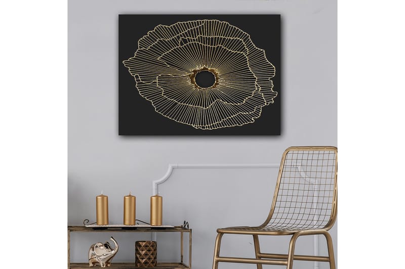 Canvas taulu 70x100 cm - Abstrakti kukka kultaisilla viivoilla mustalla taustalla, Kulta / Musta
