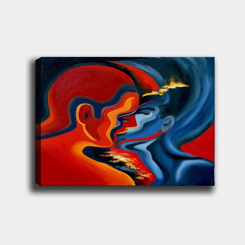 Canvas taulu 70x100 cm - Abstrakti kuva kahdesta kasvosta, jotka lähestyvät toisiaan intensiivisessä ja tunteellisessa syleilyssä, Punainen / Sininen / Musta