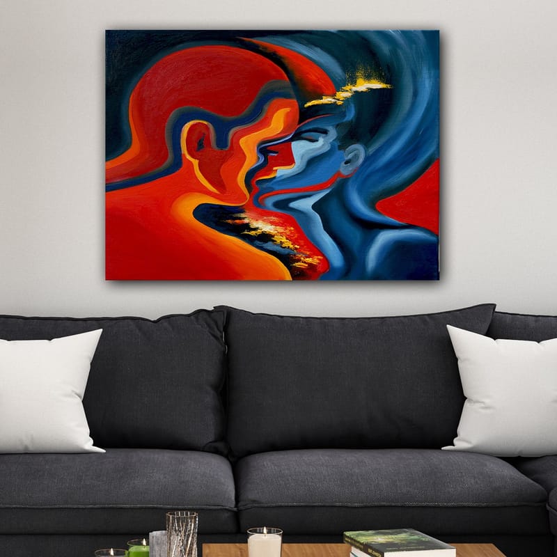 Canvas taulu 70x100 cm - Abstrakti kuva kahdesta kasvosta, jotka lähestyvät toisiaan intensiivisessä ja tunteellisessa syleilyssä - Punainen / Sininen / Musta - Sisustustuotteet - Taulu & taide - Canvas-taulu