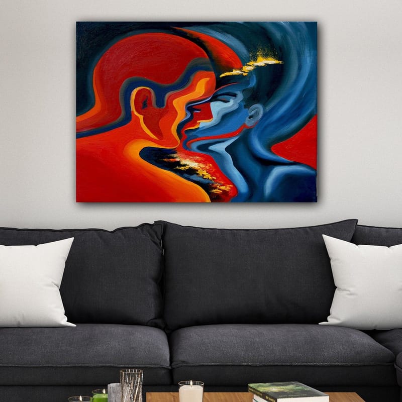 Canvas taulu 70x100 cm - Abstrakti kuva kahdesta kasvosta, jotka lähestyvät toisiaan intensiivisessä ja tunteellisessa syleilyssä - Punainen / Sininen / Musta - Sisustustuotteet - Taulu & taide - Canvas-taulu