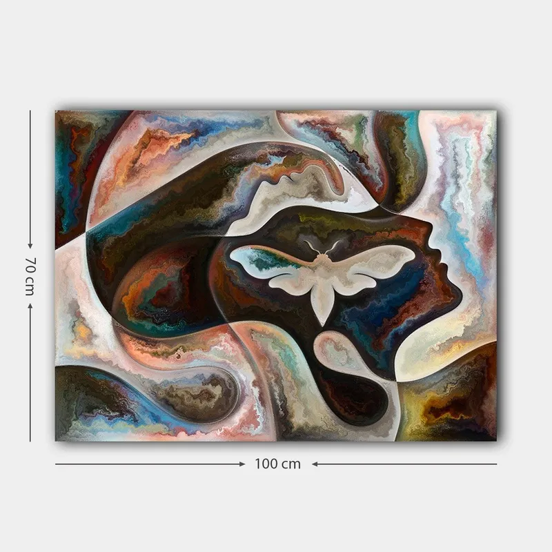 Canvas taulu 70x100 cm - Abstrakti kuva kasvojen profiilista, jonka keskiaiheena on perhonen - Tummanruskea / Beige / Turkoosi - Sisustustuotteet - Taulu & taide - Canvas-taulu