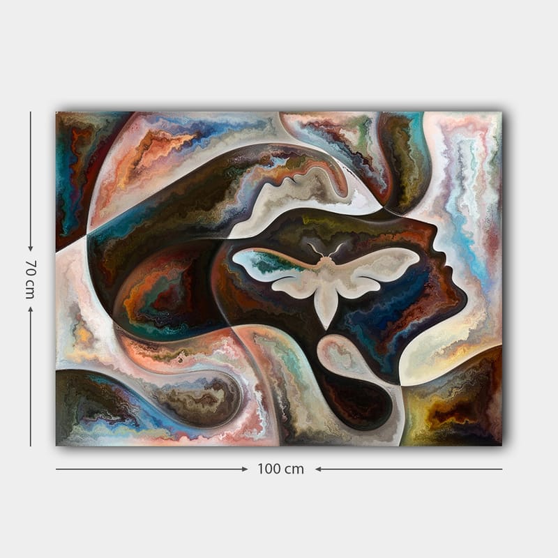 Canvas taulu 70x100 cm - Abstrakti kuva kasvojen profiilista, jonka keskiaiheena on perhonen - Tummanruskea / Beige / Turkoosi - Sisustustuotteet - Taulu & taide - Canvas-taulu