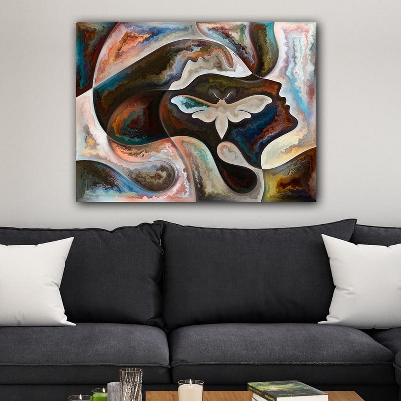 Canvas taulu 70x100 cm - Abstrakti kuva kasvojen profiilista, jonka keskiaiheena on perhonen - Tummanruskea / Beige / Turkoosi - Sisustustuotteet - Taulu & taide - Canvas-taulu