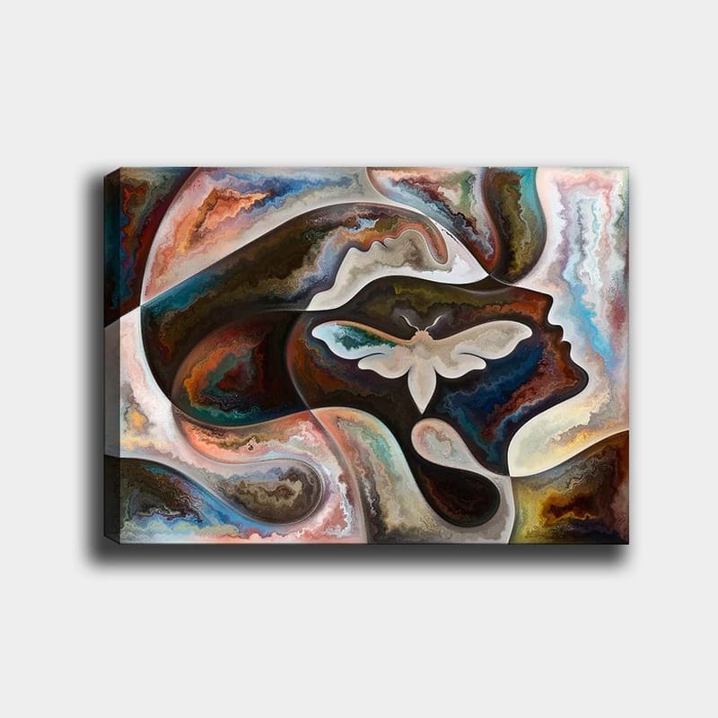 Canvas taulu 70x100 cm - Abstrakti kuva kasvojen profiilista, jonka keskiaiheena on perhonen, Tummanruskea / Beige / Turkoosi