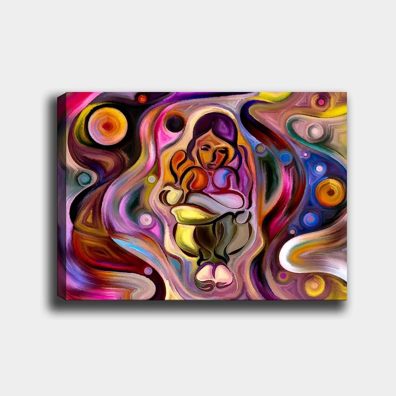 Canvas taulu 70x100 cm - Abstrakti kuva naisesta, joka pitää lasta sylissään värikkäiden keinujen ja muotojen ympäröimänä - Vaaleanpunainen / Keltainen / Vihreä - Sisustustuotteet - Taulu & taide - Canvas-taulu