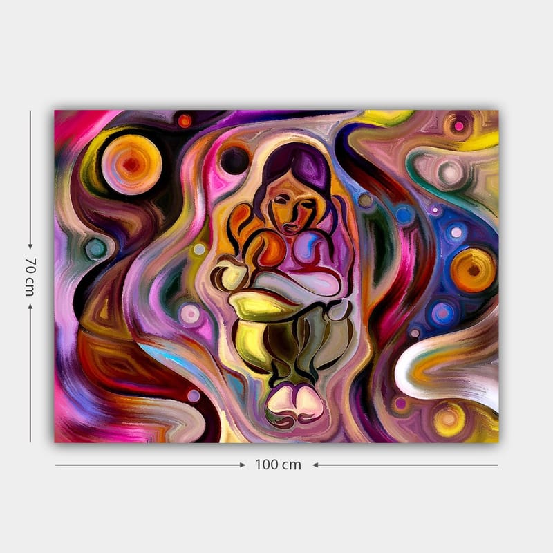 Canvas taulu 70x100 cm - Abstrakti kuva naisesta, joka pitää lasta sylissään värikkäiden keinujen ja muotojen ympäröimänä - Vaaleanpunainen / Keltainen / Vihreä - Sisustustuotteet - Taulu & taide - Canvas-taulu
