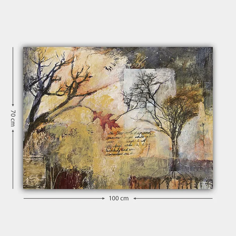 Canvas taulu 70x100 cm - Abstrakti kuvaus puista syysmaisemassa tekstielementeillä ja värikkäillä lehdillä - Kulta / Ruskea / Musta - Sisustustuotteet - Taulu & taide - Canvas-taulu