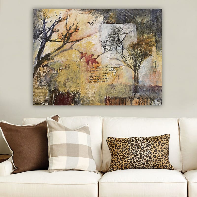 Canvas taulu 70x100 cm - Abstrakti kuvaus puista syysmaisemassa tekstielementeillä ja värikkäillä lehdillä - Kulta / Ruskea / Musta - Sisustustuotteet - Taulu & taide - Canvas-taulu