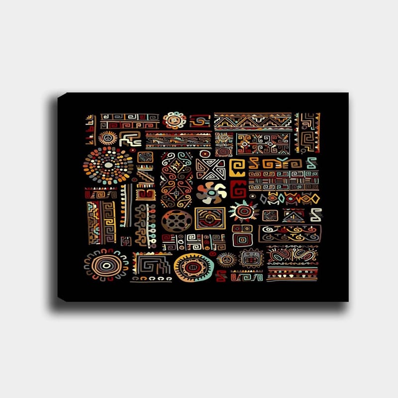 Canvas taulu 70x100 cm - Abstrakti kuvio geometrisilla muodoilla ja symboleilla kirkkaissa väreissä - Punainen / Keltainen / Musta - Sisustustuotteet - Taulu & taide - Canvas-taulu