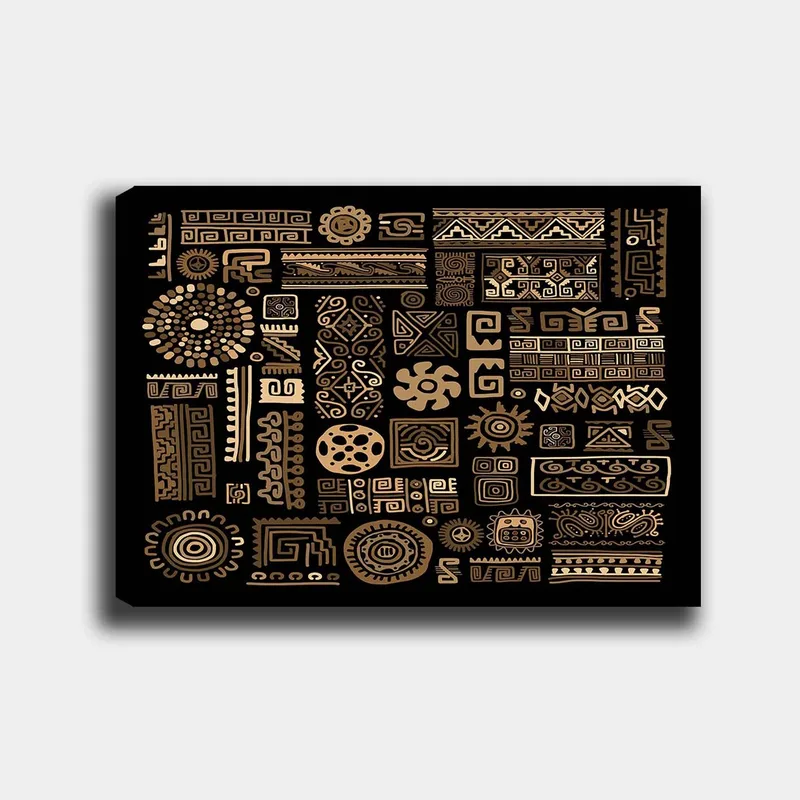 Canvas taulu 70x100 cm - Abstrakti kuvio geometrisilla muodoilla ja symboleilla kultaisena mustalla taustalla, Kulta / Musta