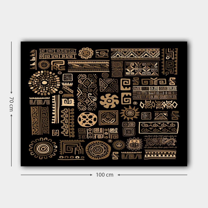 Canvas taulu 70x100 cm - Abstrakti kuvio geometrisilla muodoilla ja symboleilla kultaisena mustalla taustalla - Kulta / Musta - Sisustustuotteet - Taulu & taide - Canvas-taulu