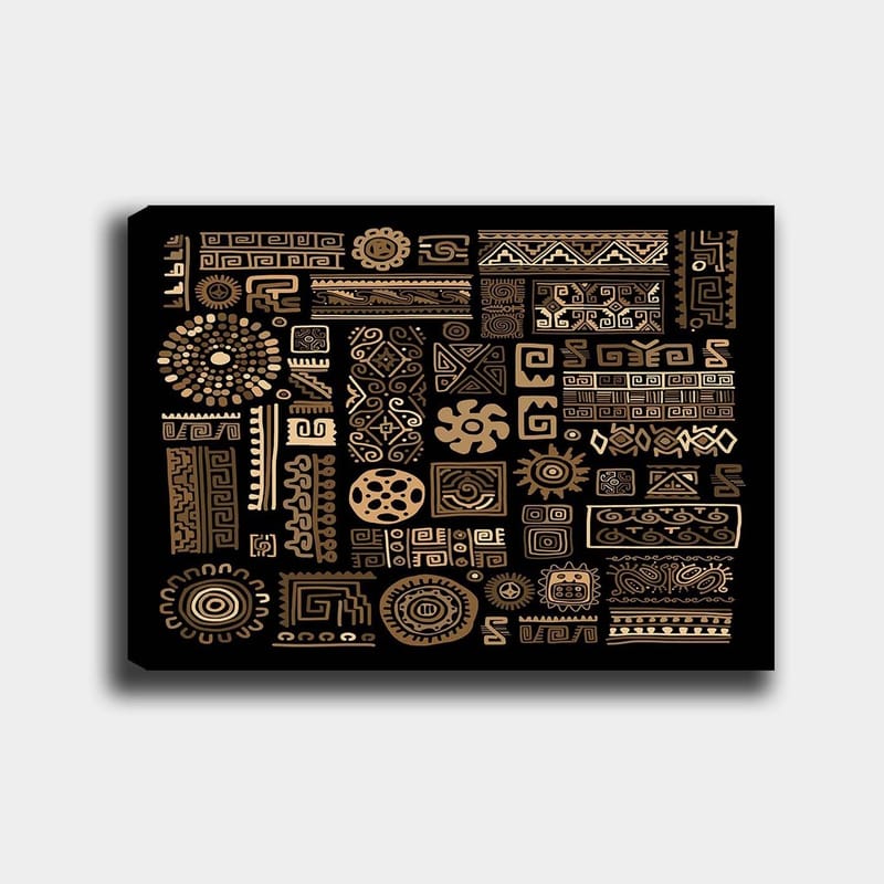 Canvas taulu 70x100 cm - Abstrakti kuvio geometrisilla muodoilla ja symboleilla kultaisena mustalla taustalla, Kulta / Musta