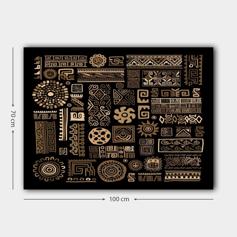 Canvas taulu 70x100 cm - Abstrakti kuvio geometrisilla muodoilla ja symboleilla kultaisena mustalla taustalla - Kulta / Musta - Sisustustuotteet - Taulu & taide - Canvas-taulu