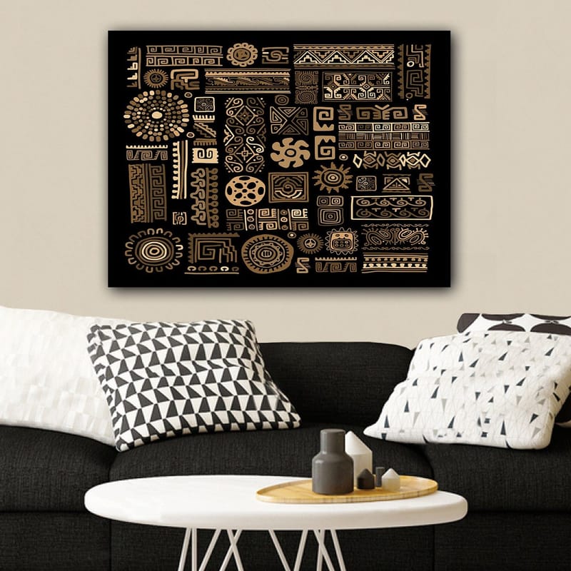 Canvas taulu 70x100 cm - Abstrakti kuvio geometrisilla muodoilla ja symboleilla kultaisena mustalla taustalla - Kulta / Musta - Sisustustuotteet - Taulu & taide - Canvas-taulu