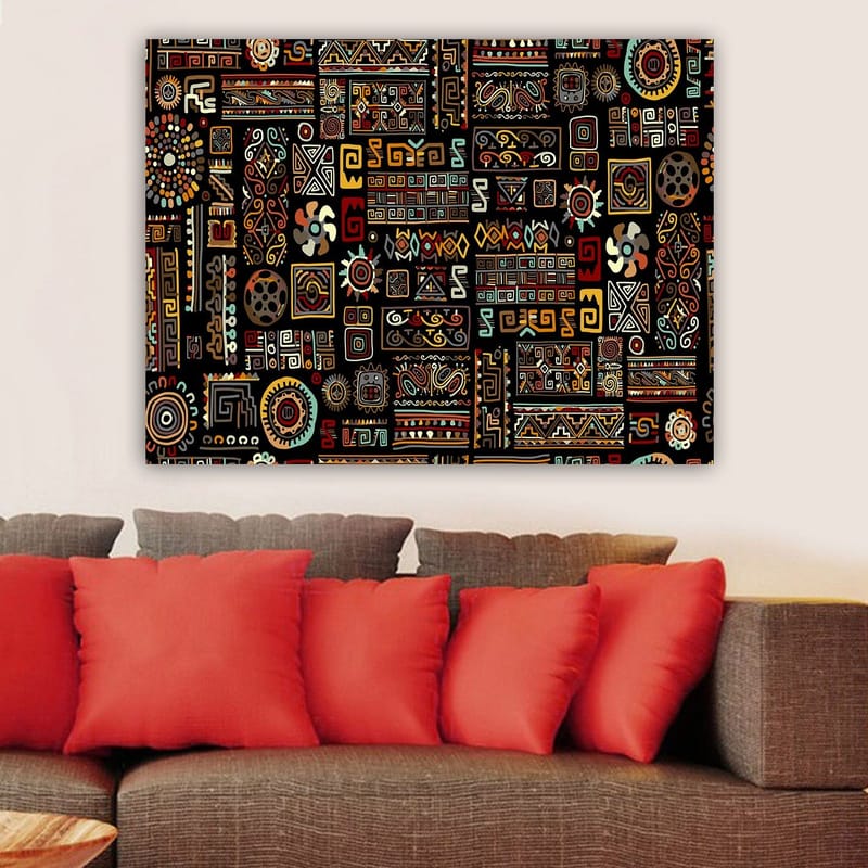 Canvas taulu 70x100 cm - Abstrakti kuvio geometrisilla muodoilla ja symboleilla värikkäässä sommitelmassa - Musta / Punainen / Keltainen - Sisustustuotteet - Taulu & taide - Canvas-taulu