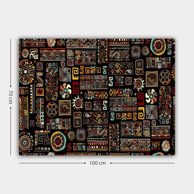 Canvas taulu 70x100 cm - Abstrakti kuvio geometrisilla muodoilla ja symboleilla värikkäässä sommitelmassa - Musta / Punainen / Keltainen - Sisustustuotteet - Taulu & taide - Canvas-taulu