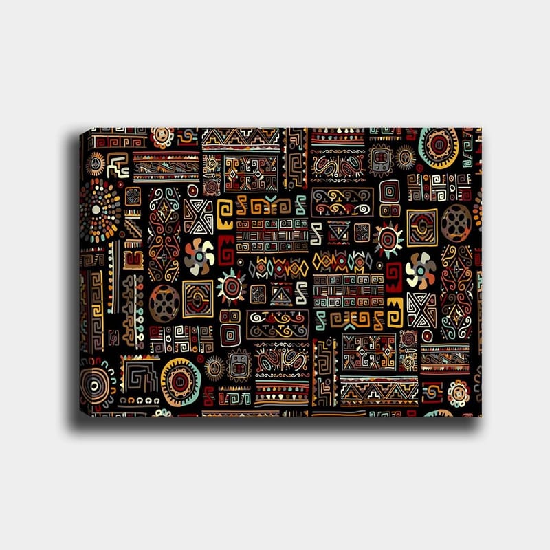 Canvas taulu 70x100 cm - Abstrakti kuvio geometrisilla muodoilla ja symboleilla värikkäässä sommitelmassa, Musta / Punainen / Keltainen