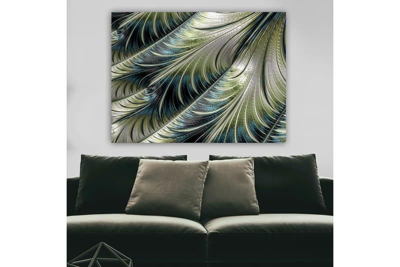 Canvas taulu 70x100 cm - Abstrakti kuvio kelluvilla höyhenillä vihreän ja sinisen sävyissä - Vihreä / Sininen / Hopea - Sisustustuotteet - Taulu & taide - Canvas-taulu