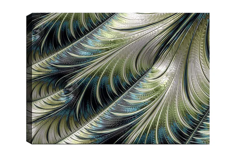 Canvas taulu 70x100 cm - Abstrakti kuvio kelluvilla höyhenillä vihreän ja sinisen sävyissä, Vihreä / Sininen / Hopea