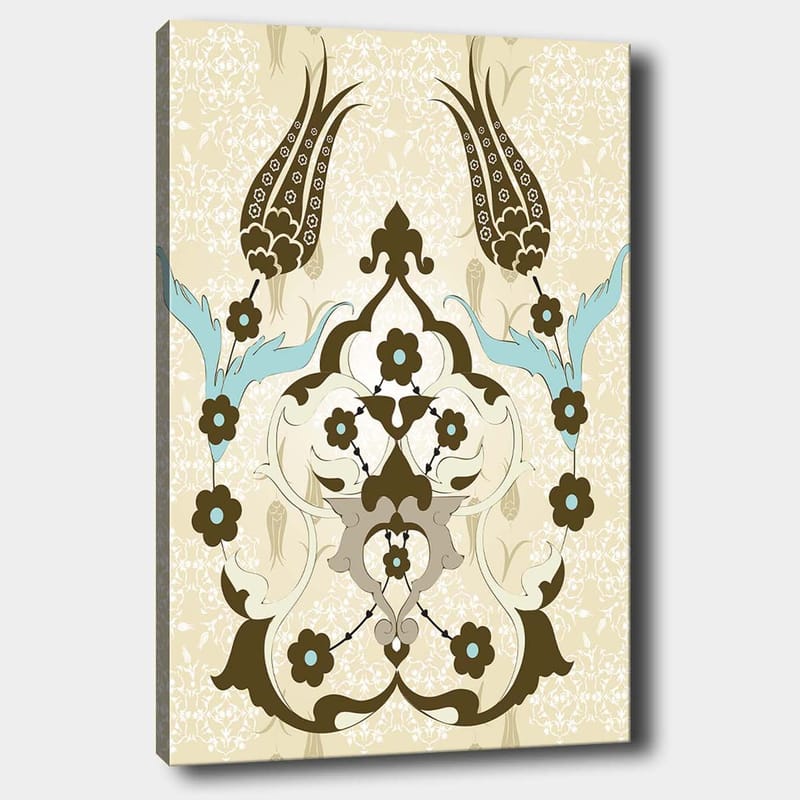 Canvas taulu 70x100 cm - Abstrakti kuvio kukilla ja kasviaiheilla elegantissa muotoilussa, Tummanruskea / Vaaleansininen / Beige
